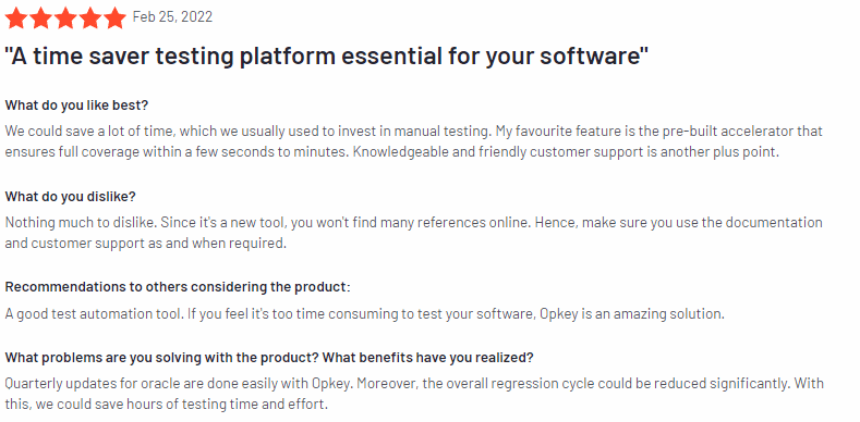 Opkey Recognized as 2022 High Performer by G2 3 A time saver testing platform