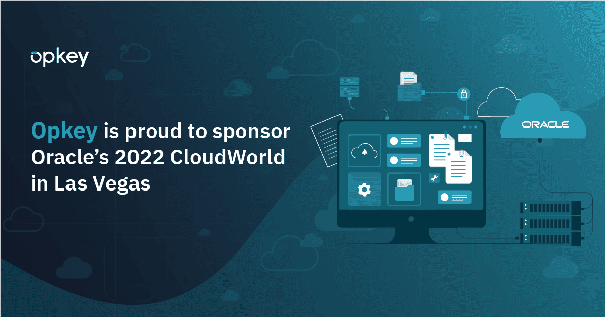Opkey sponsors Oracle's 2022 CloudWorld in Las Vegas. Cloud computing graphic.