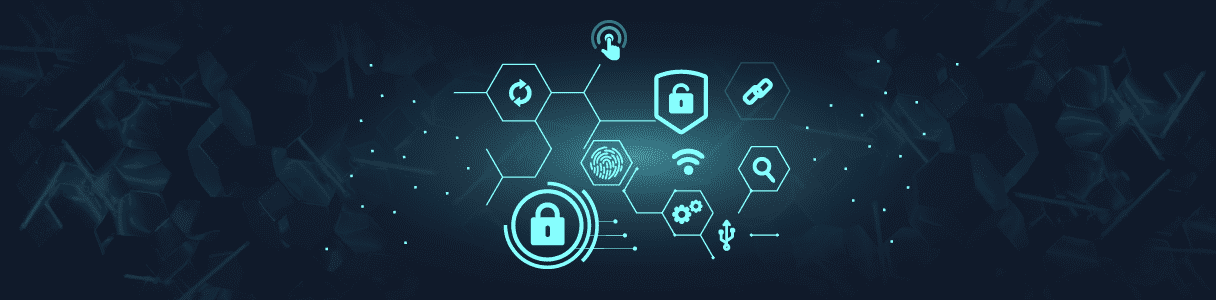 Abstract graphic depicting cybersecurity and data protection concepts, including locks, shields, and network icons. Relevant to ERP testing.