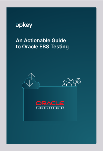 Opkey guide to Oracle EBS testing. Cloud data transfer and settings icon.
