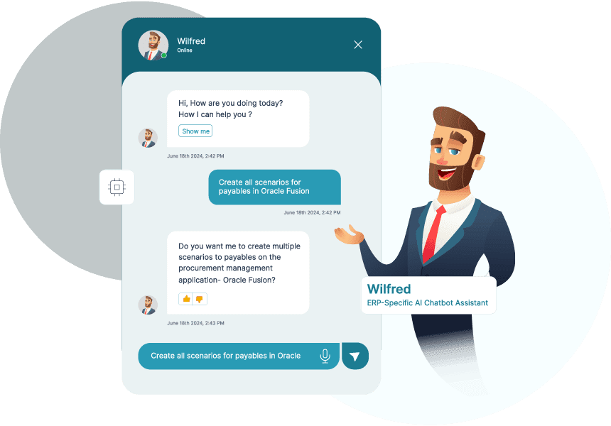 Coupa and AI: Overviewing New Developments 5 AI chatbot assistant helping with Oracle Fusion payables scenarios.