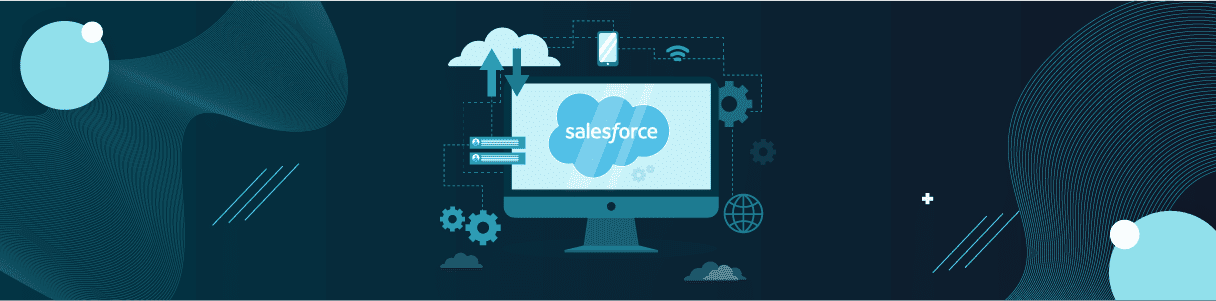Salesforce cloud computing software on a computer screen, connected to various devices and servers.